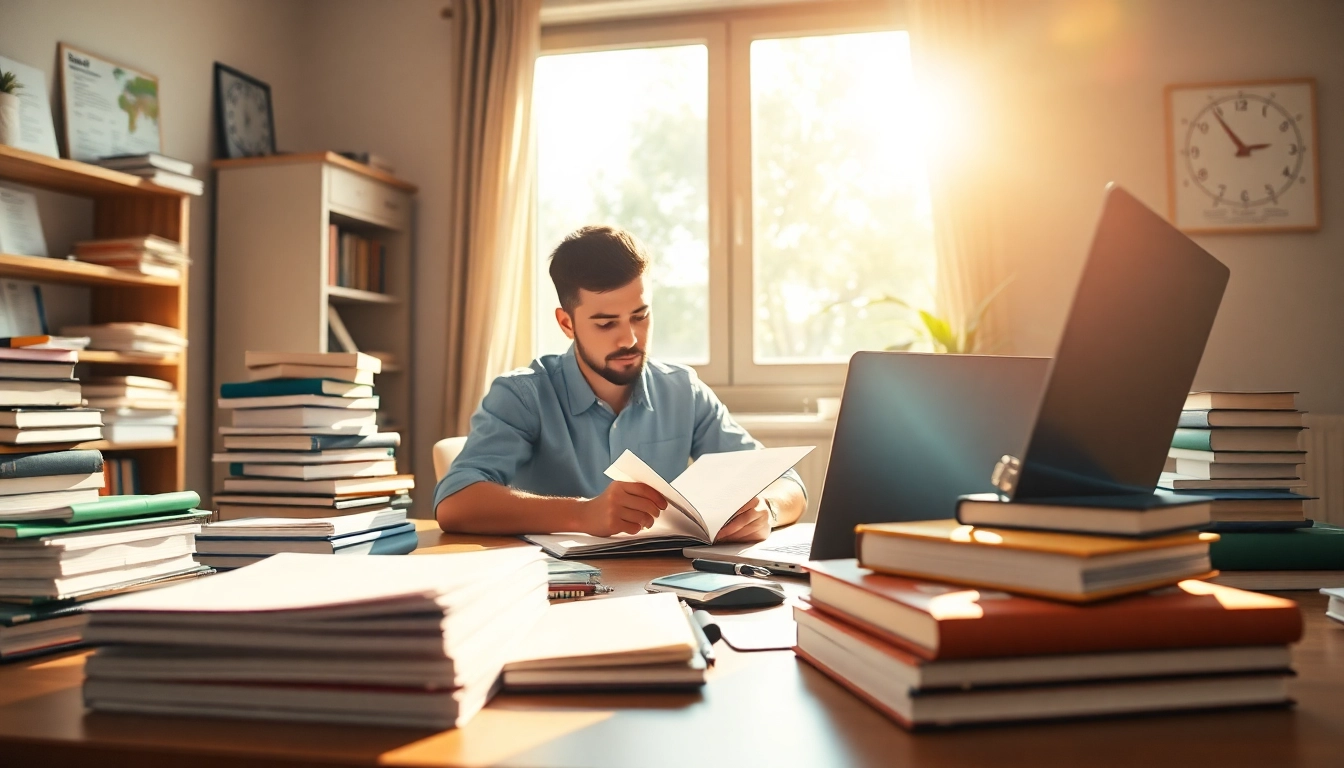 Engaging scene of exam preparation with a focused student surrounded by study materials.
