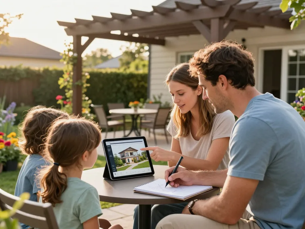 Family using a pergola configurator to design their backyard outdoor space.