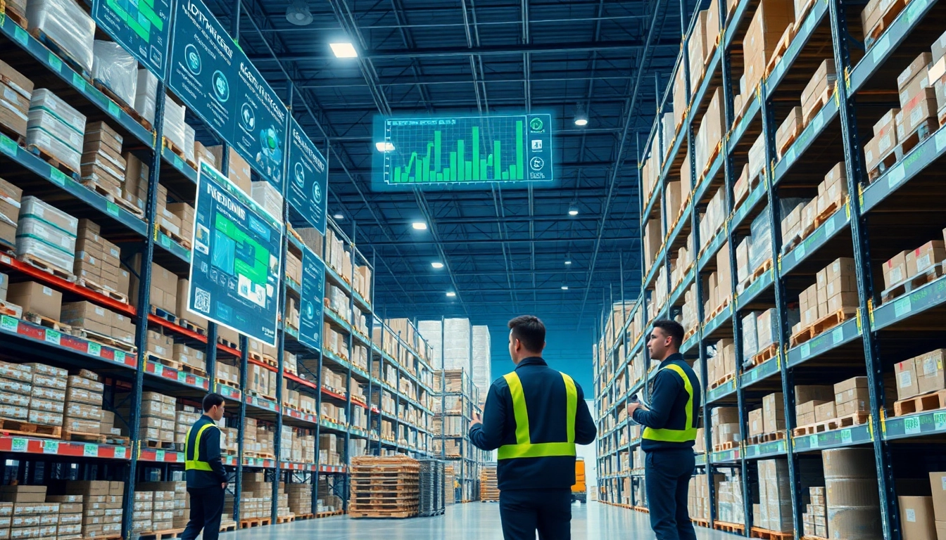 Efficient lot tracking software showcased in a modern warehouse, featuring digital interfaces and inventory management.