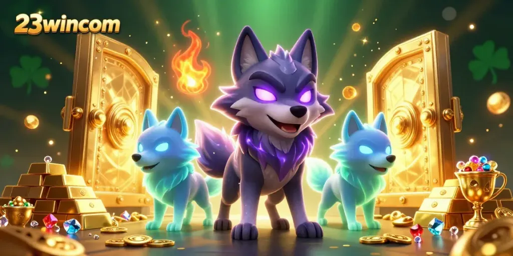 Engage with 23wincom in a thrilling casino scene featuring spectral wolves and overflowing treasures.