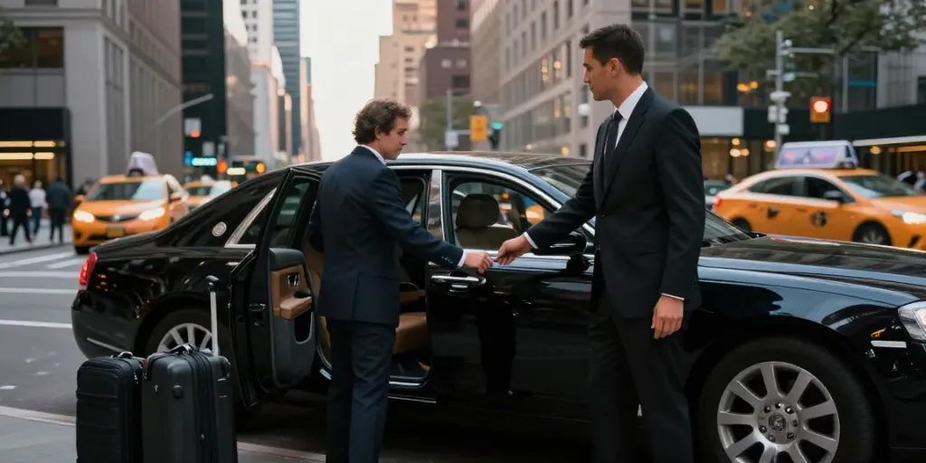 Luxury chauffeur service NYC with professional driver assisting client at city skyline