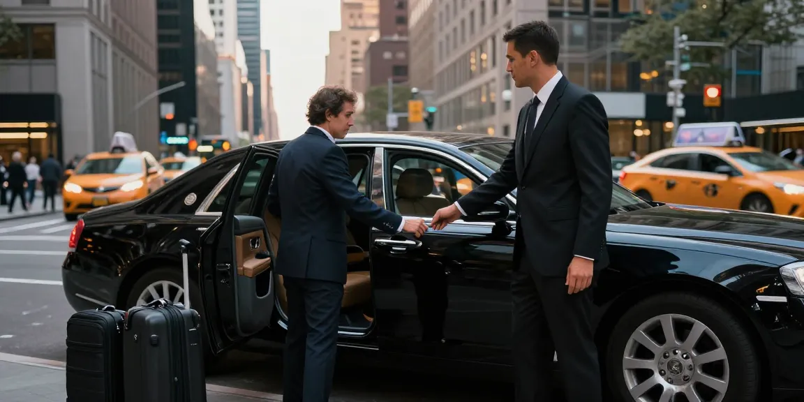 Luxury chauffeur service NYC with professional driver assisting client at city skyline