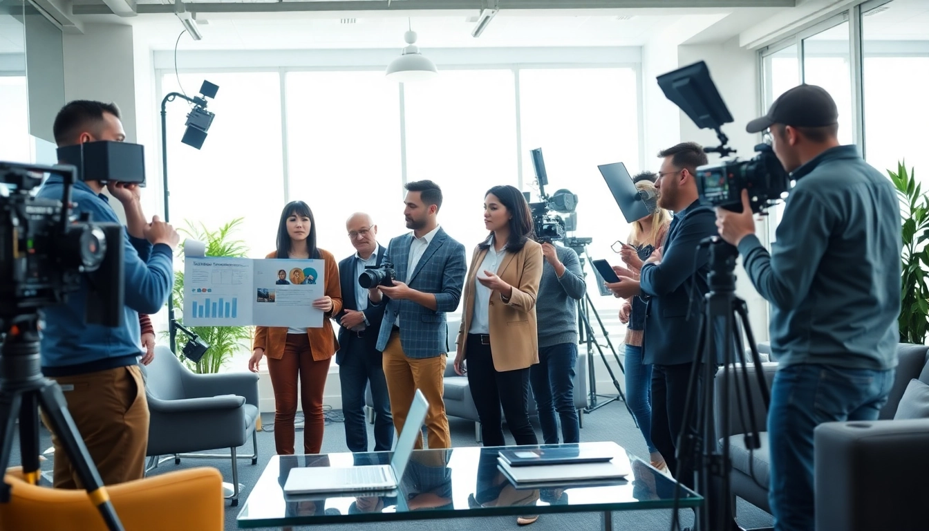 Engaged team executing corporate video production creatively within a modern office space.