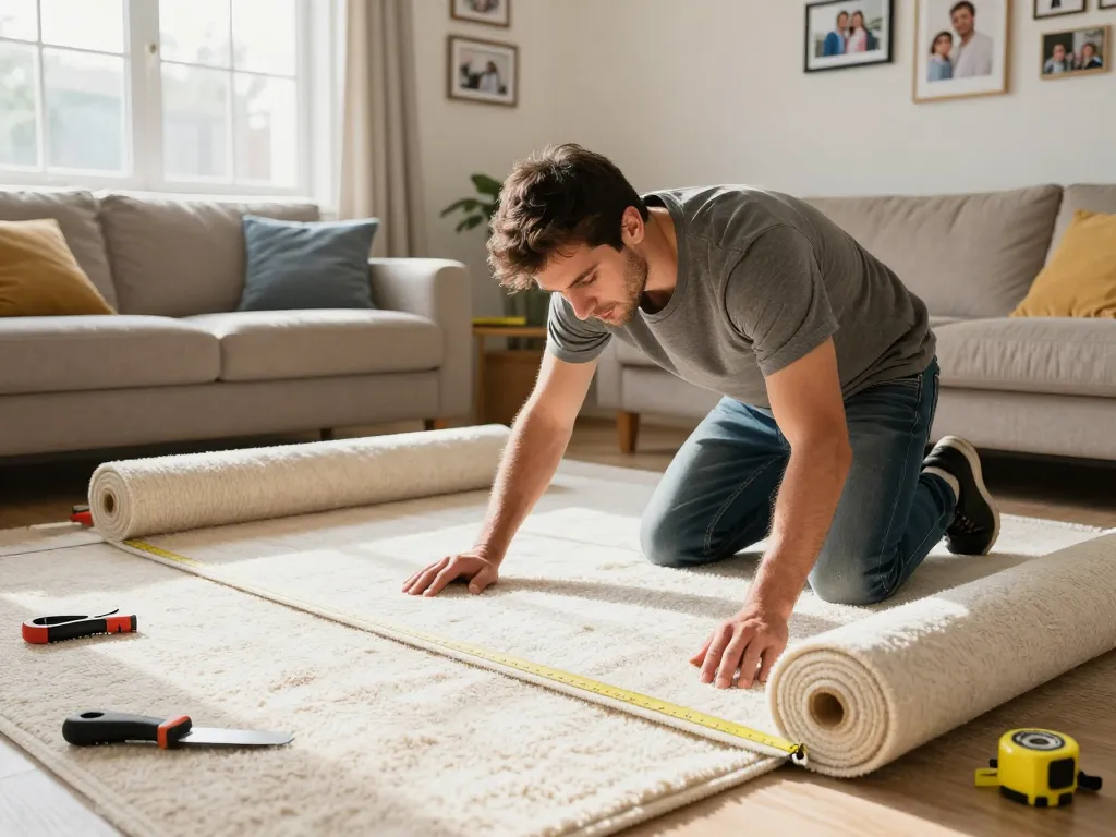 Carpet fitters near me expertly measuring and cutting carpet in a cozy living room.