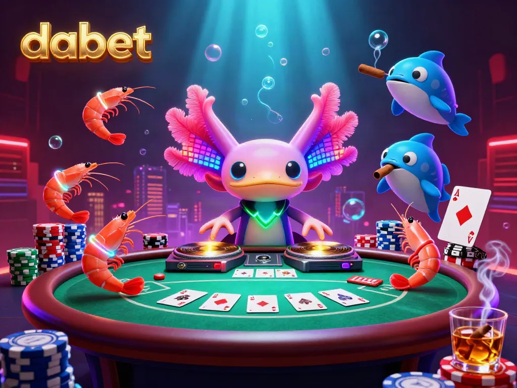 Dabet showcases vibrant casino energy with a neon axolotl DJ and dynamic poker scene.