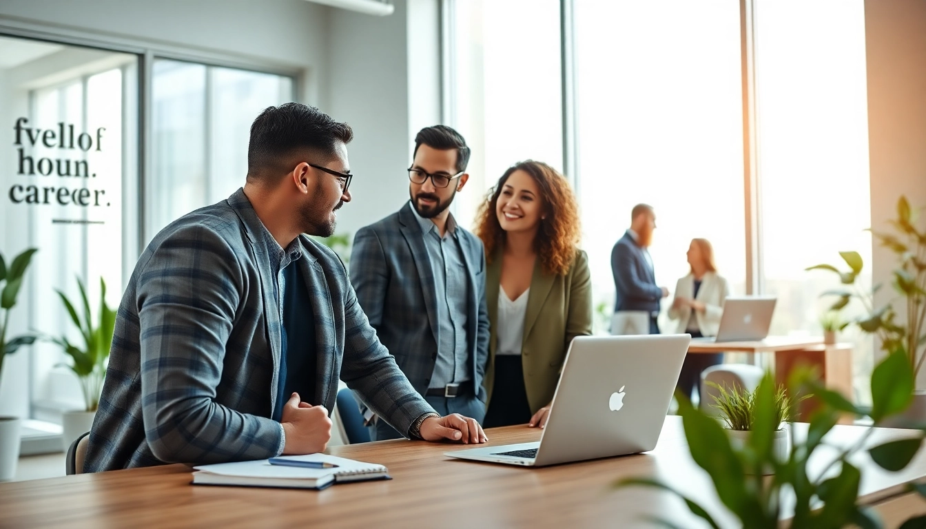 Individuals discussing their ideal career options in a bright, modern office setting.
