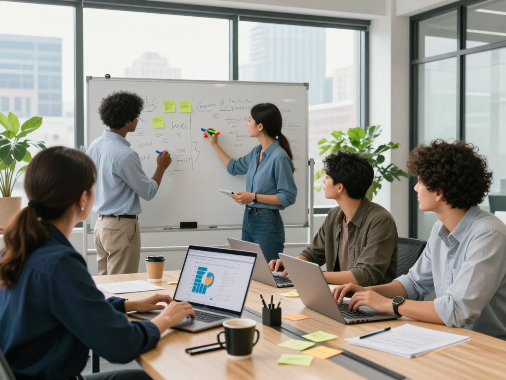 Startup team brainstorming ideas for starrtups in a modern office.