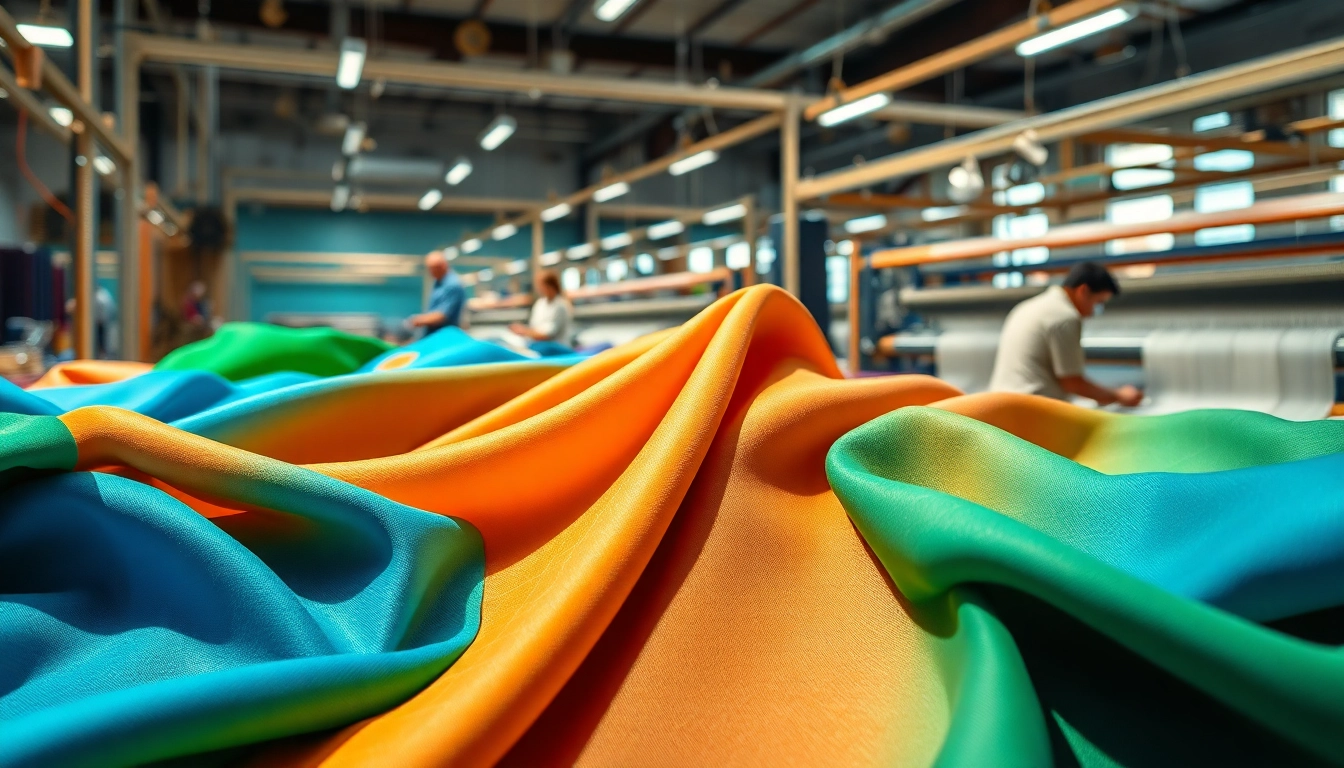 Viscose stoffen met verschillende texturen in een kleurrijke productieomgeving.
