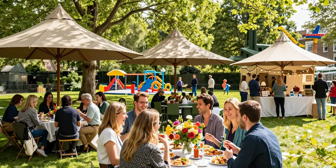 Guests enjoying a vibrant garden party with gazebo hire London in a lush park setting.