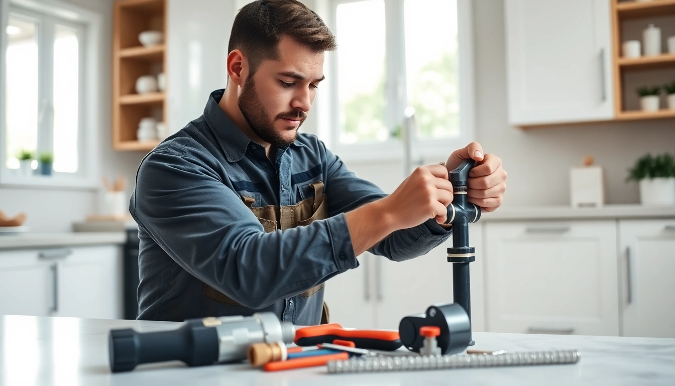 Find a qualified plumber near me fixing pipes in a modern kitchen.