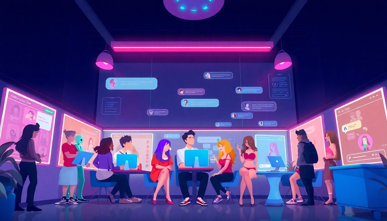 Engaging scene of users interacting with NSFW AI chat platforms, showcasing vibrant digital characters and chat features.