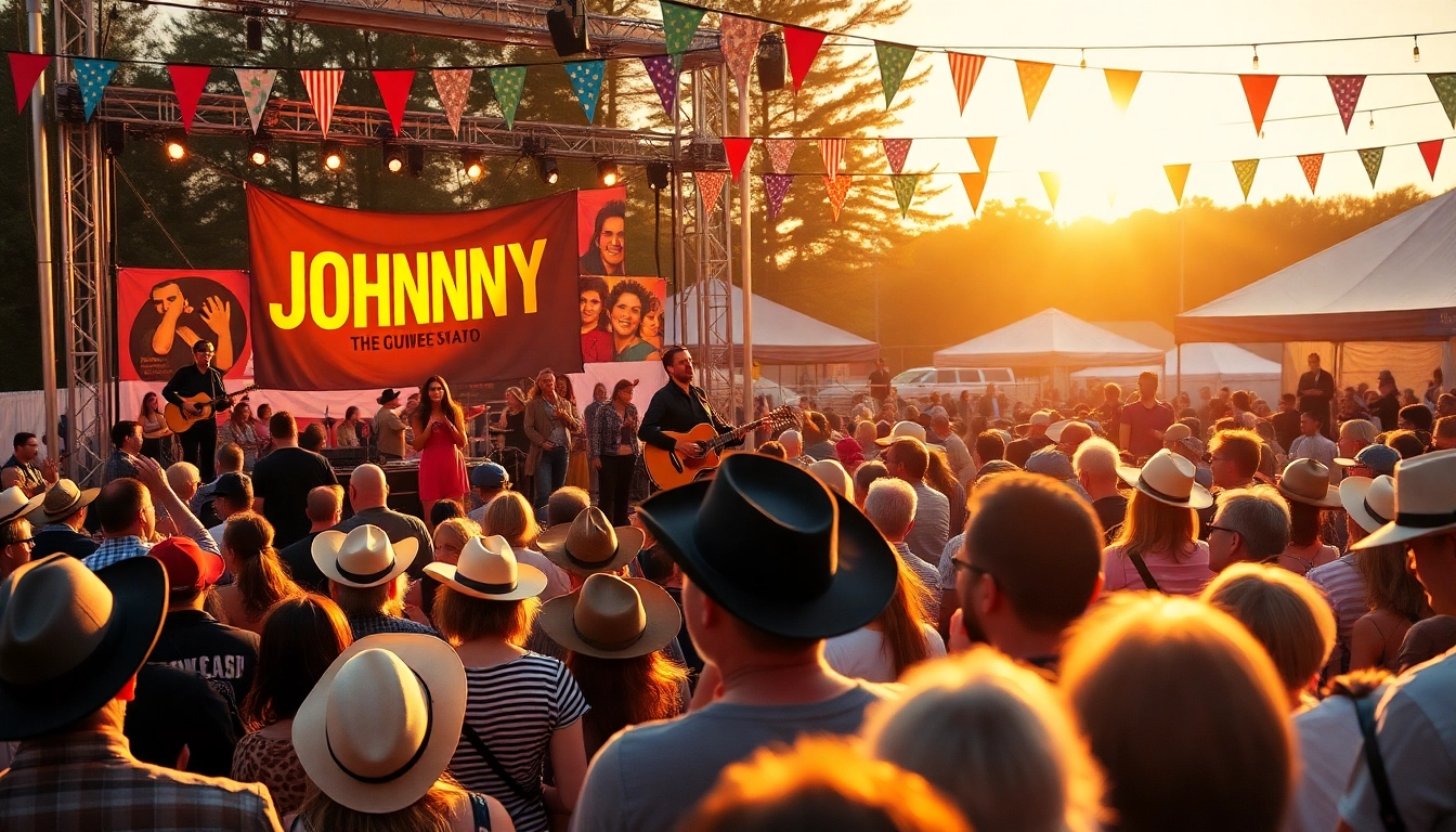 Celebration event at johnnycashbirthday.com featuring live music and vibrant crowd.