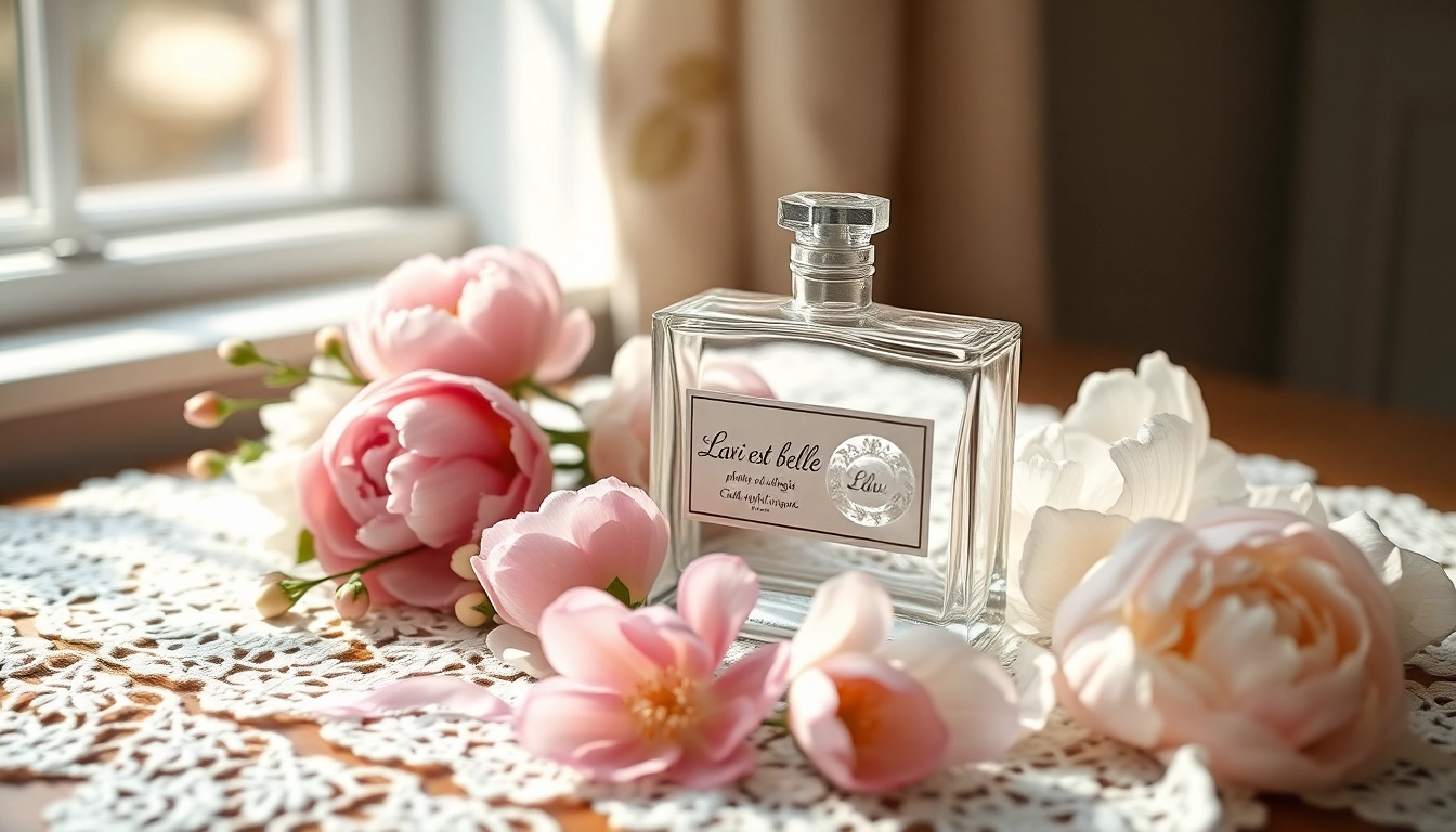 Experience the enchanting scent of La vi est belle with an elegant vintage perfume bottle surrounded by beautiful flowers.