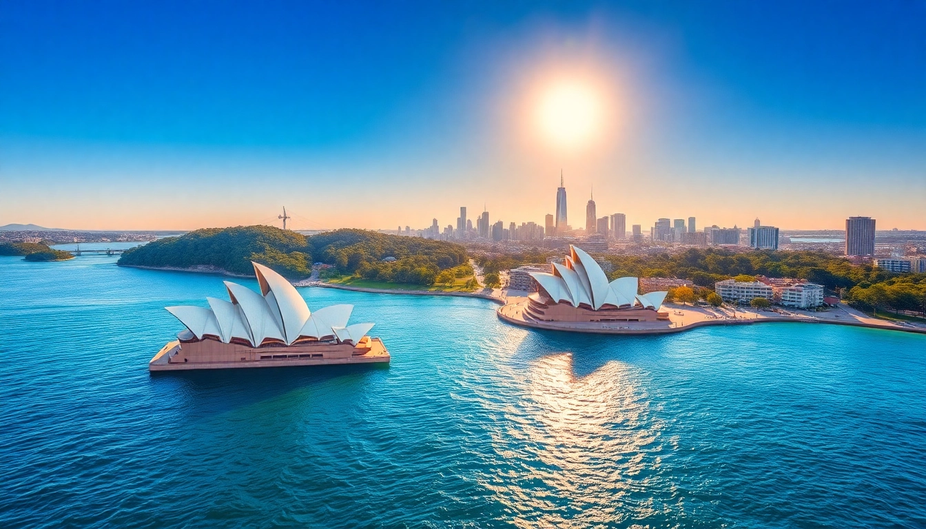 A stunning view of Australia featuring the Sydney Opera House against a vibrant sunset landscape.