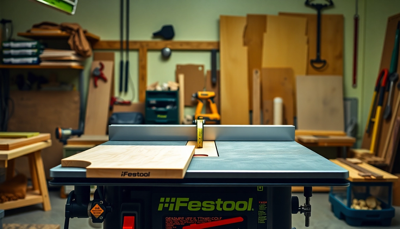 Craftsman using a Festool table saw to achieve precise cuts in wood.