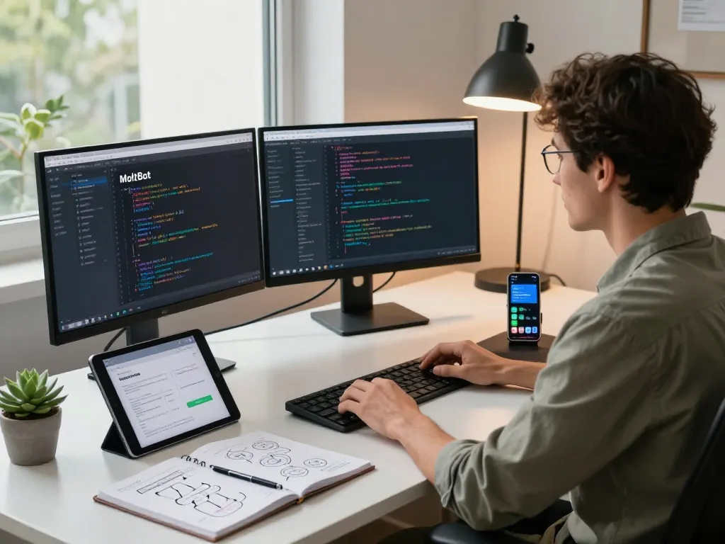 MoltBot AI assistant workspace with developer coding and task automation.