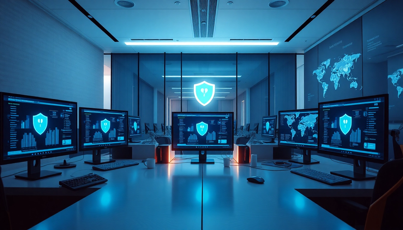 快连官网 展示一个现代办公室工作区，配有 VPN 软件，强调数据安全与生产力。