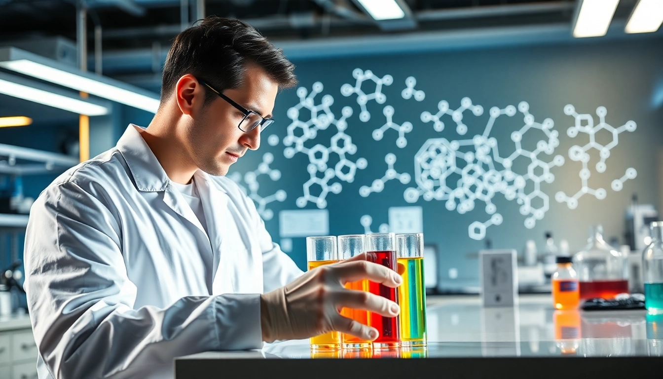 Explore cutting-edge Peptides UK synthesis in a modern laboratory setting with a focused chemist.