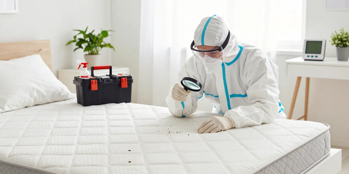 bed bug treatment in a bedroom with professional exterminator inspecting mattress for signs of infestation