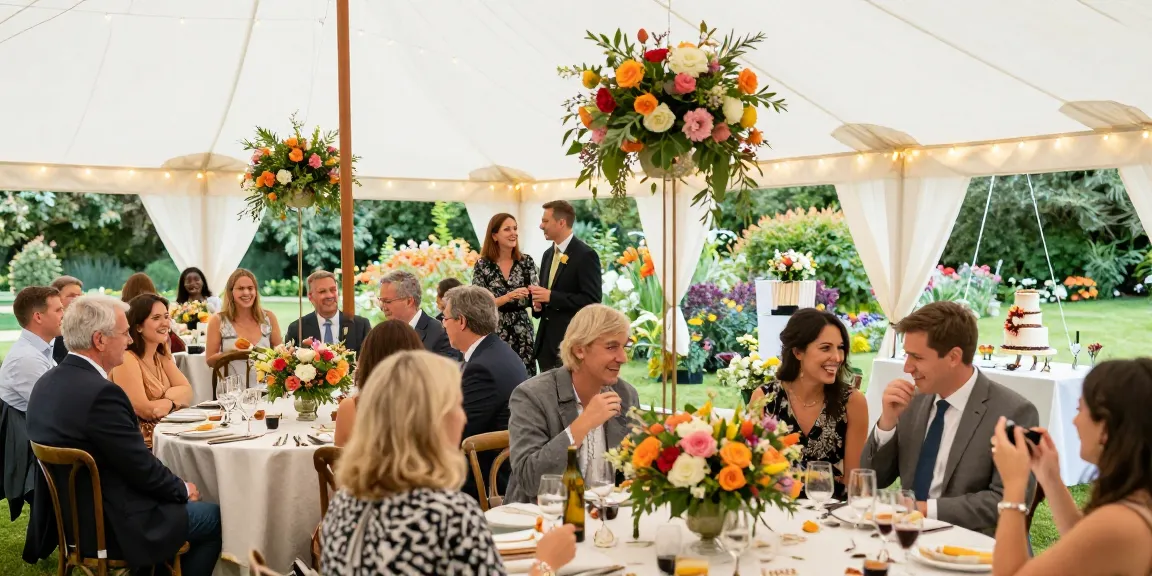 Marquee hire London showcasing a vibrant outdoor wedding celebration with elegantly decorated tables and happy guests.