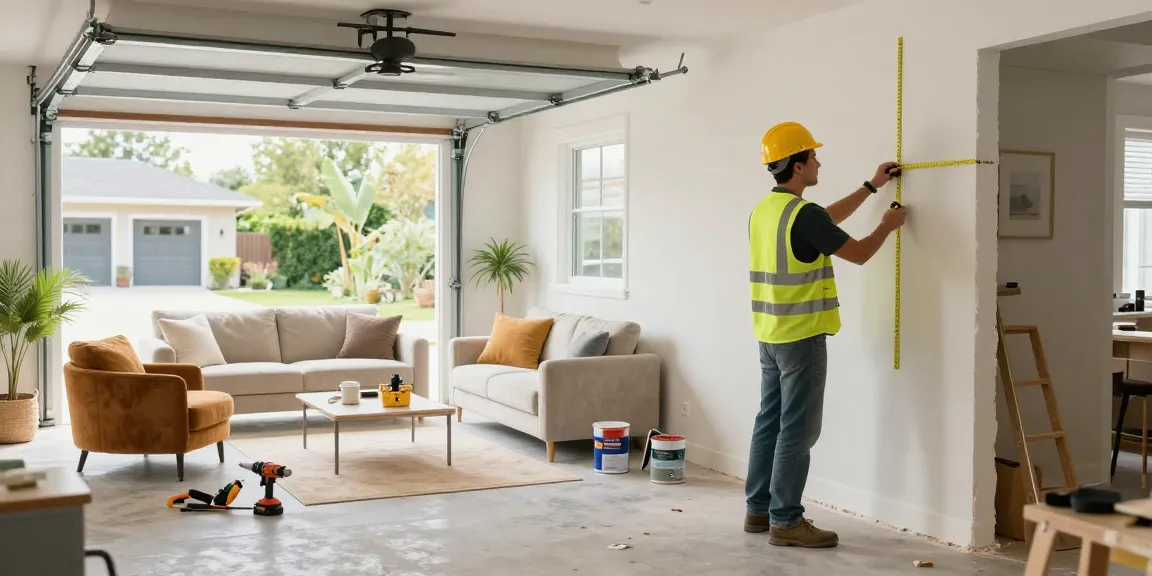 Garage conversion builder measuring walls in a stylish living space renovation, surrounded by tools and decor.
