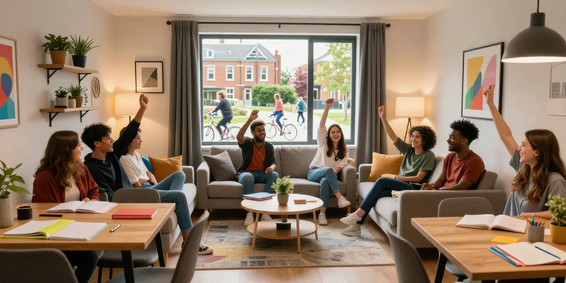 Student Accommodation Northampton in a vibrant living room featuring students socializing and studying.