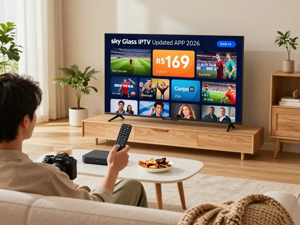 Sky Glass IPTV Updated APP 2026 displayed on a large TV in a cozy living room setting.