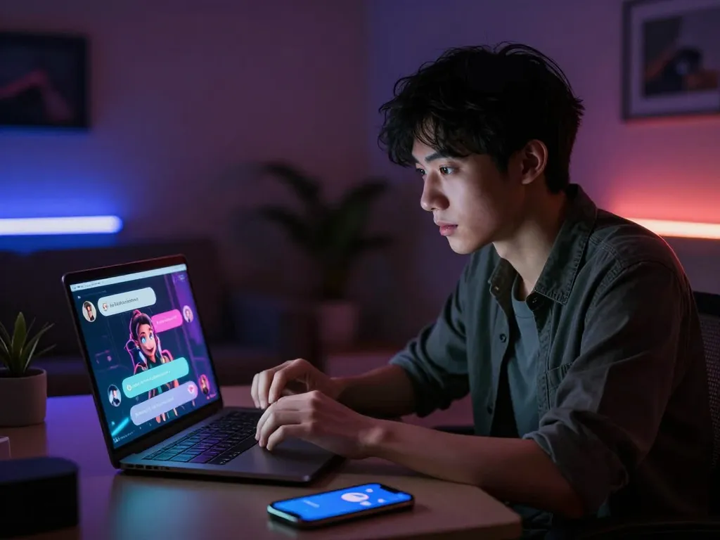 An adult user engaged in NSFW AI chat with a dynamic character on a sleek interface, showcasing emotional connection and intrigue.