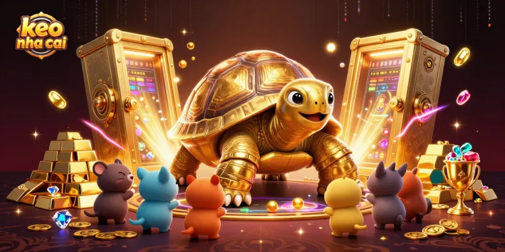 Experience keo nha cai with a colossal tortoise pinball machine in a vibrant casino scene.