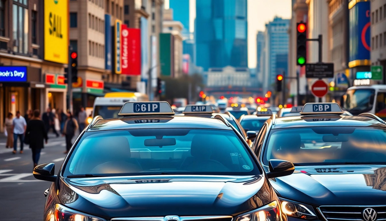 Cabs providing reliable transport service in a busy city setting with helpful drivers.