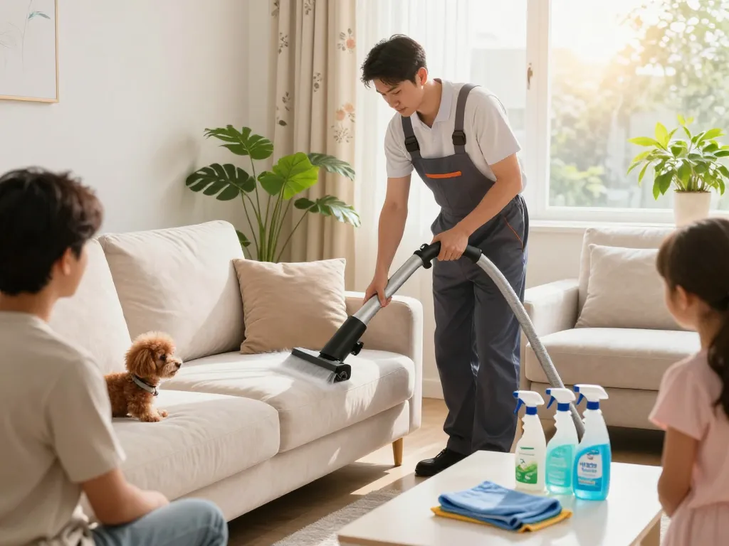 Professional upholstery cleaning process at home, highlighting Property maintenance sites quality service.
