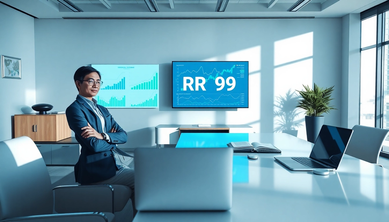 Business professional analyzing financial charts with RR 99 data in a modern office.