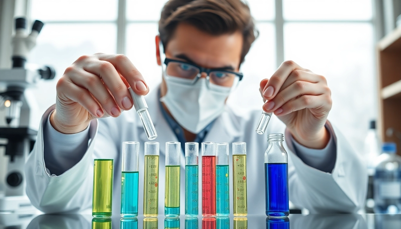 Analyze Peptides UK samples in a state-of-the-art lab with vibrant vials showcasing innovation.