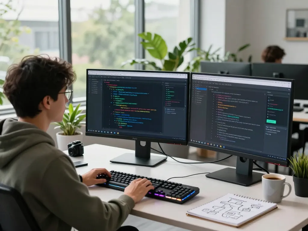 Dynamic workspace showcasing spicy ai chatbot development with innovative tech elements and bright atmosphere.