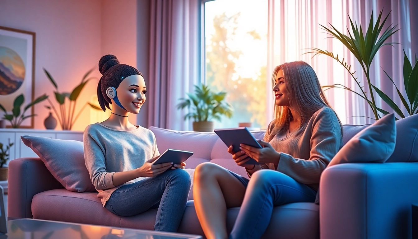 AI girlfriend engaging in a conversation in a cozy living room, showcasing advanced companionship.