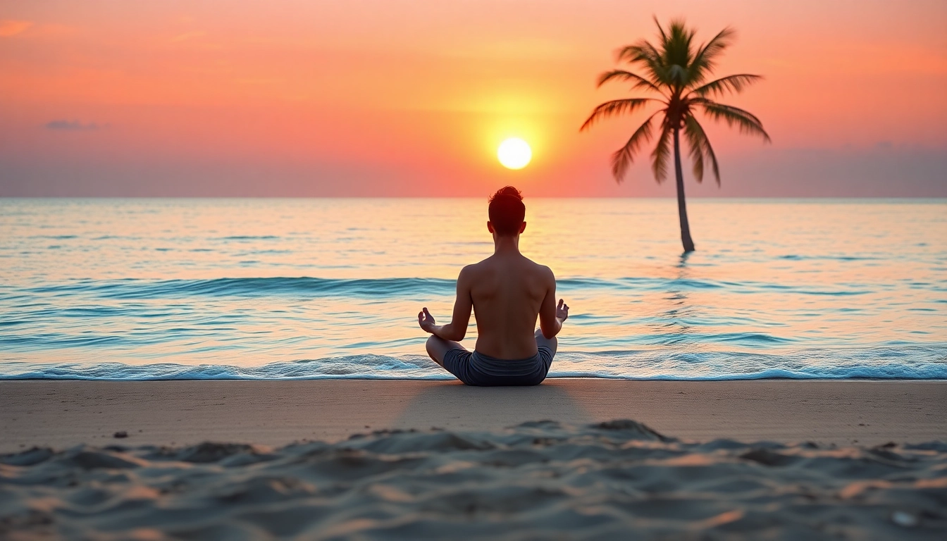 Meditating individual reflecting on mental wellness against a serene beach sunset.