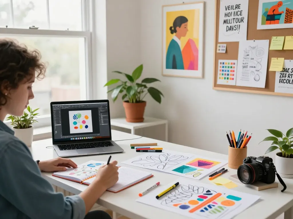 Artist illustrating custom printed notebooks surrounded by designs and vibrant stationery in a bright workspace.