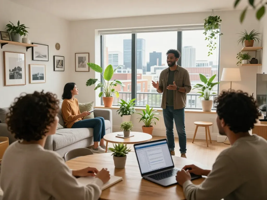 Airbnb management Manchester: successful host interacting with guests in a stylish rental.