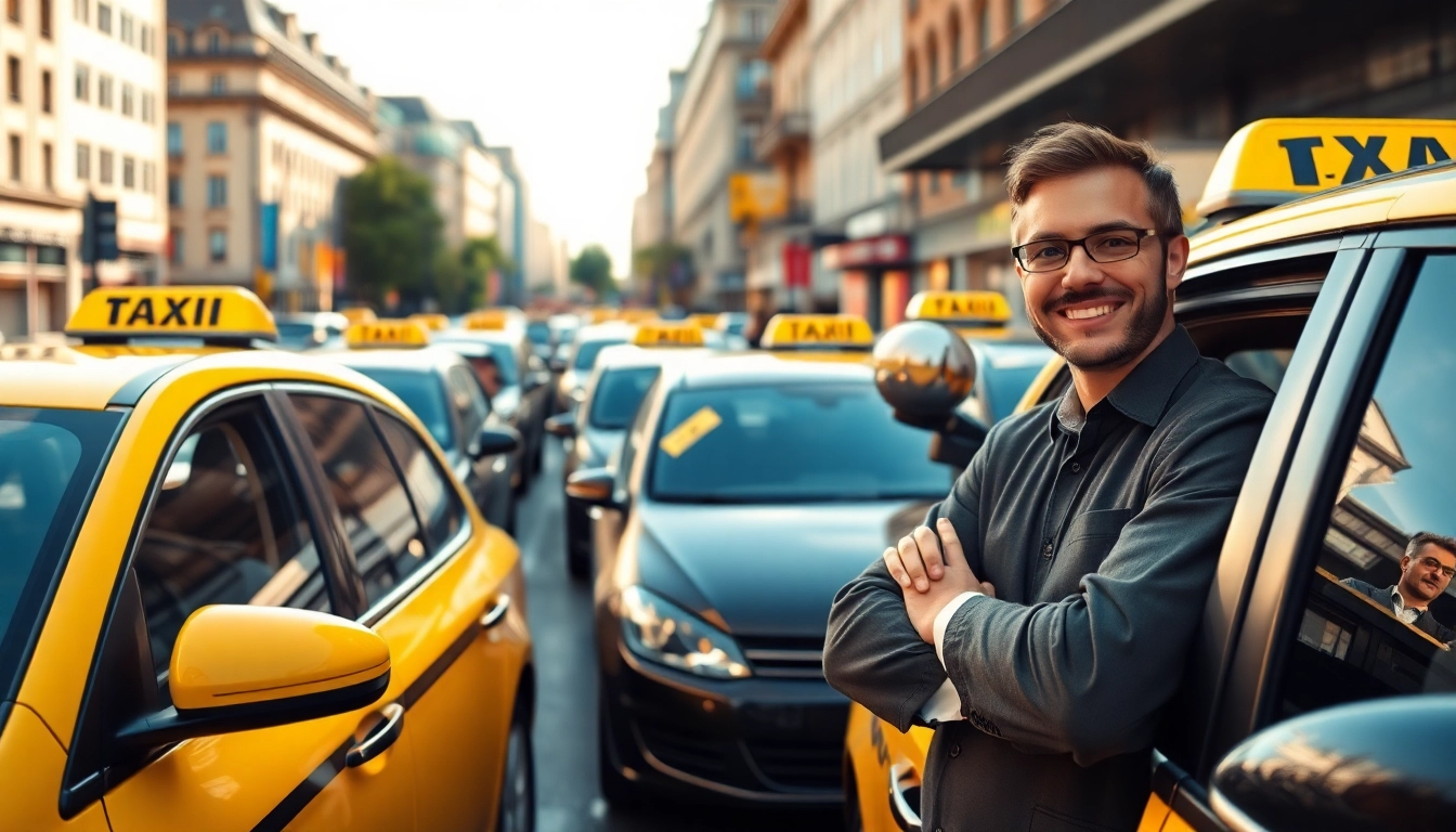 Minicabs in a busy urban environment, highlighting a friendly driver and sleek vehicles.