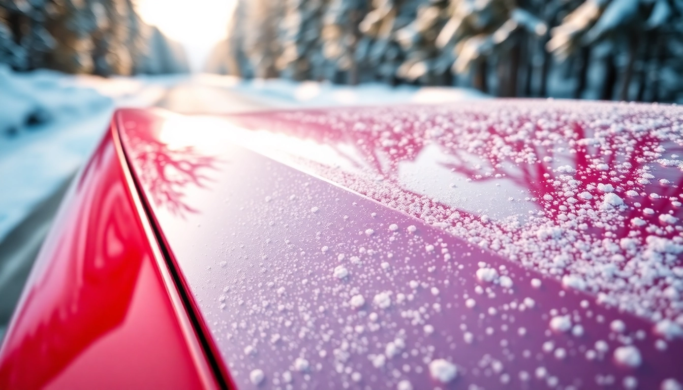 Showcasing PPF winter road salt protection on a car in a snowy setting.