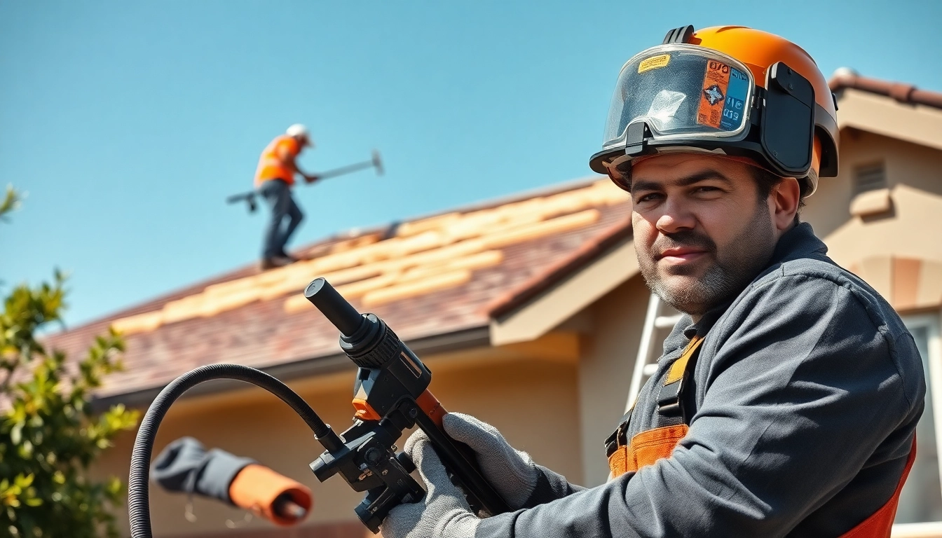 Technician executing roof spray foam removal with specialized tools on a sunny day.
