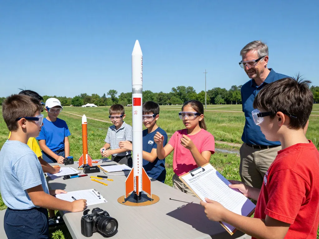 Students preparing model rocket engines for a fun launch day outdoors.