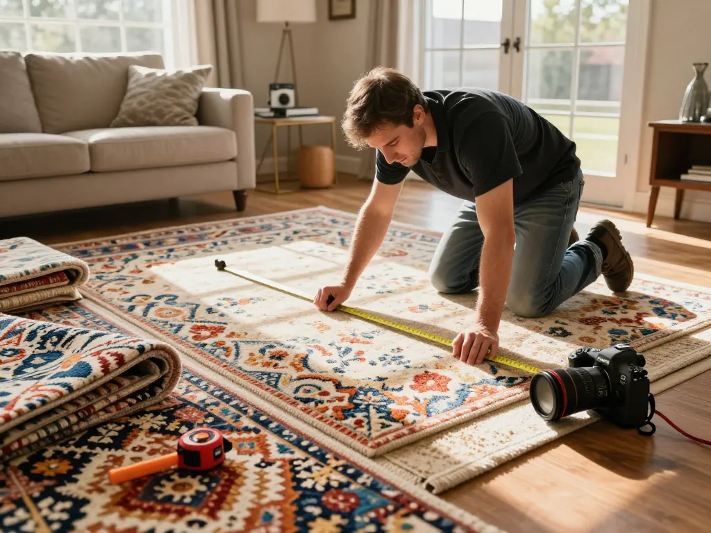 Professional carpet fitters near me measuring a living room for carpet installation, showcasing vibrant options and tools.