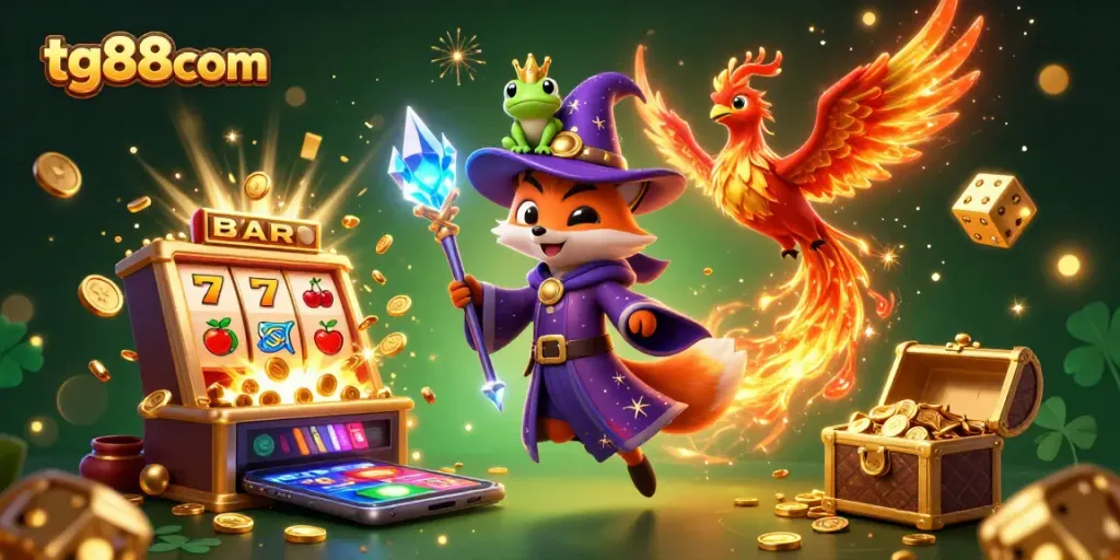 Experience thrilling gameplay at tg88com with a magical showdown of a wizard fox and phoenix, amidst dazzling casino elements.
