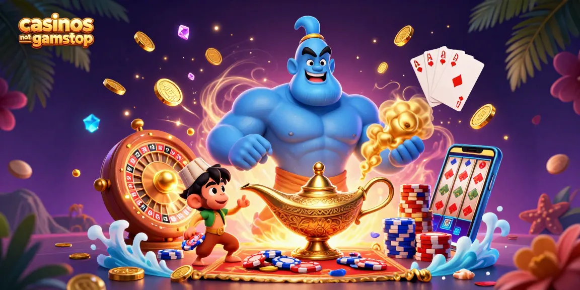 Experience the excitement in casinos not on gamstop with genies, poker chips, and sparkling gems.
