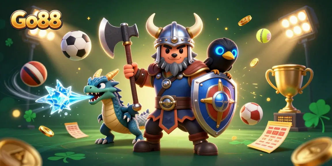 Engage with Go88's thrilling gameplay illustrated by a Viking wolf warrior and dragon in an energetic scene.