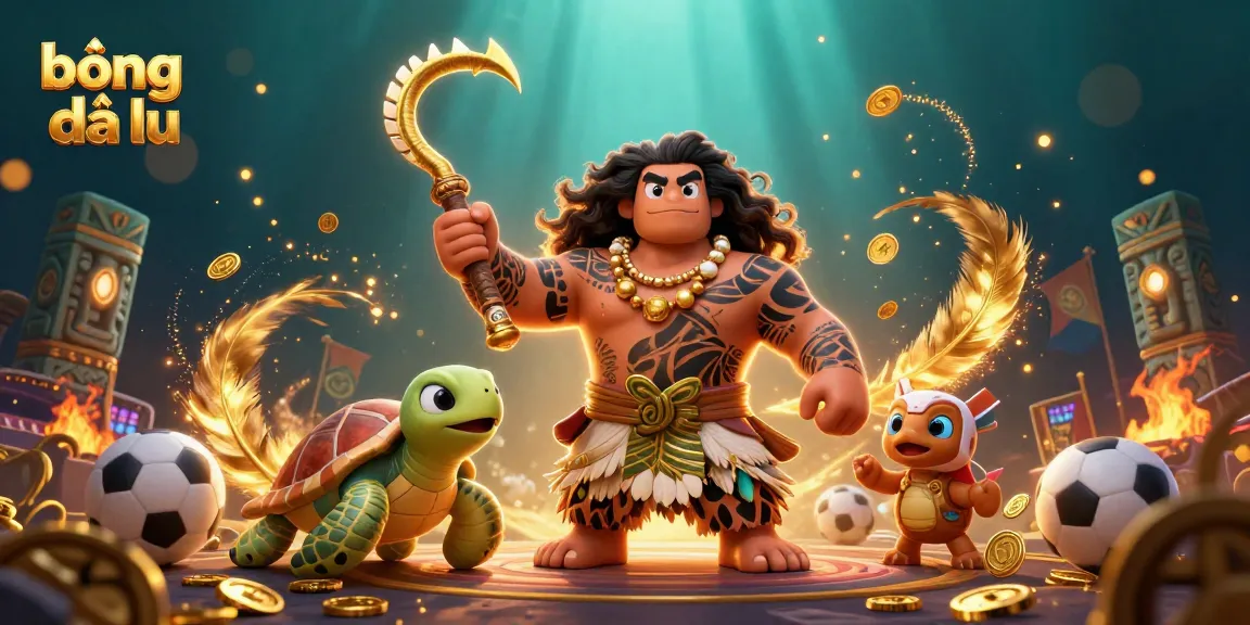 Bóng đá lu betting scene featuring a demigod hawk with a turtle sidekick, dynamic sports elements, and glowing tokens.