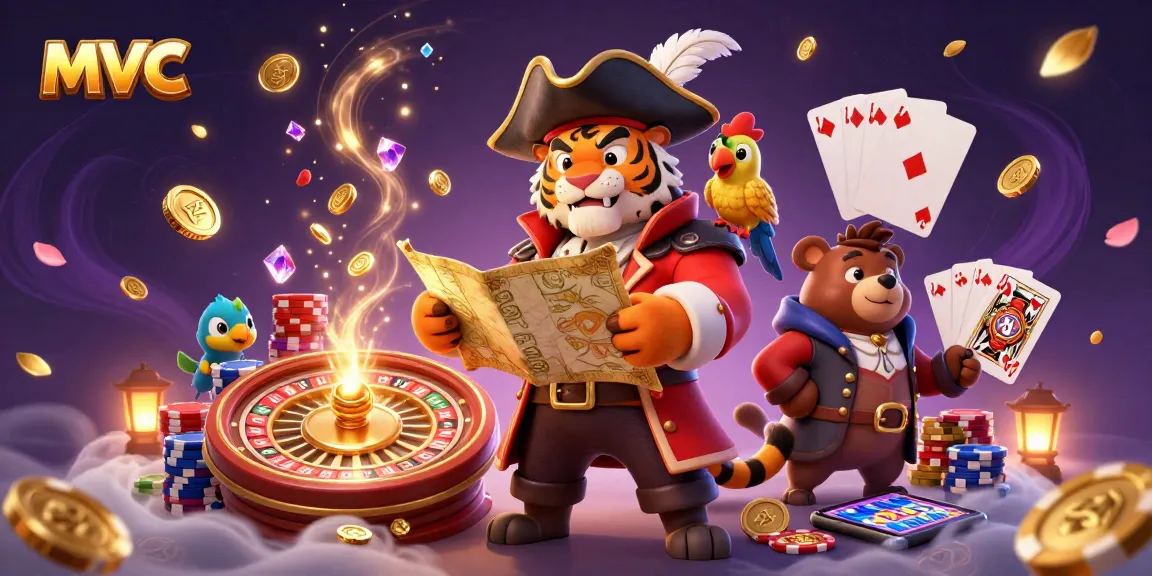Experience thrilling gaming at mvc, with a pirate bear and tiger amidst cascading coins and roulette wheels.