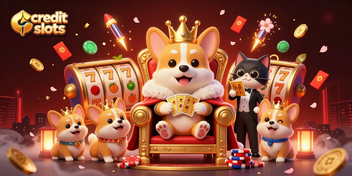 Play exciting credit card slots in a vibrant 3D casino scene with animated characters.