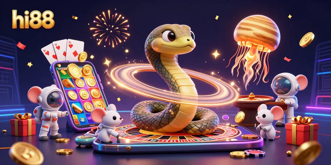 Place bets with hi88 in a vibrant 3D casino world of spinning slots and playful characters.